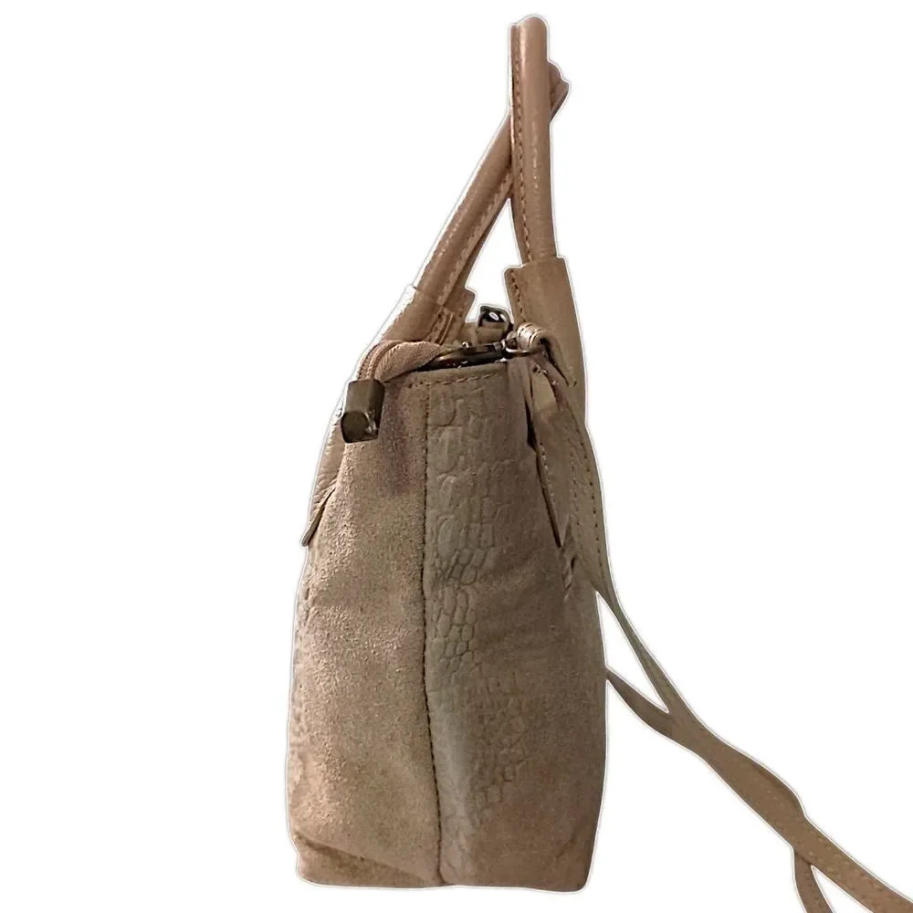 Borse in Pelle Suede Crossbody Bag Mini Bucket Bag Faux Croc Embossed Tan Italy.